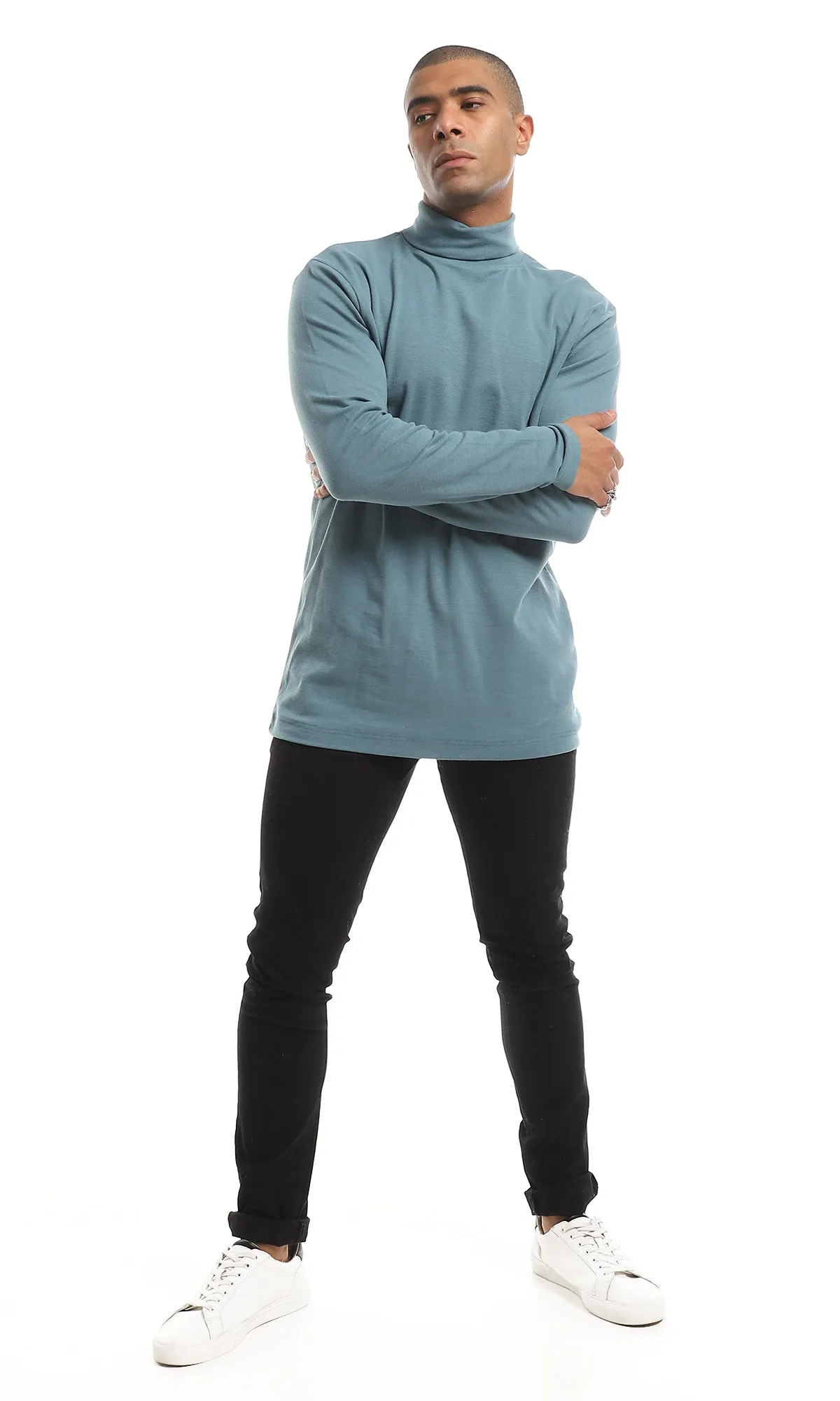 O159797 Basic Turtle Neck Long Sleeved Plain Cotton T-Shirt - Jade
