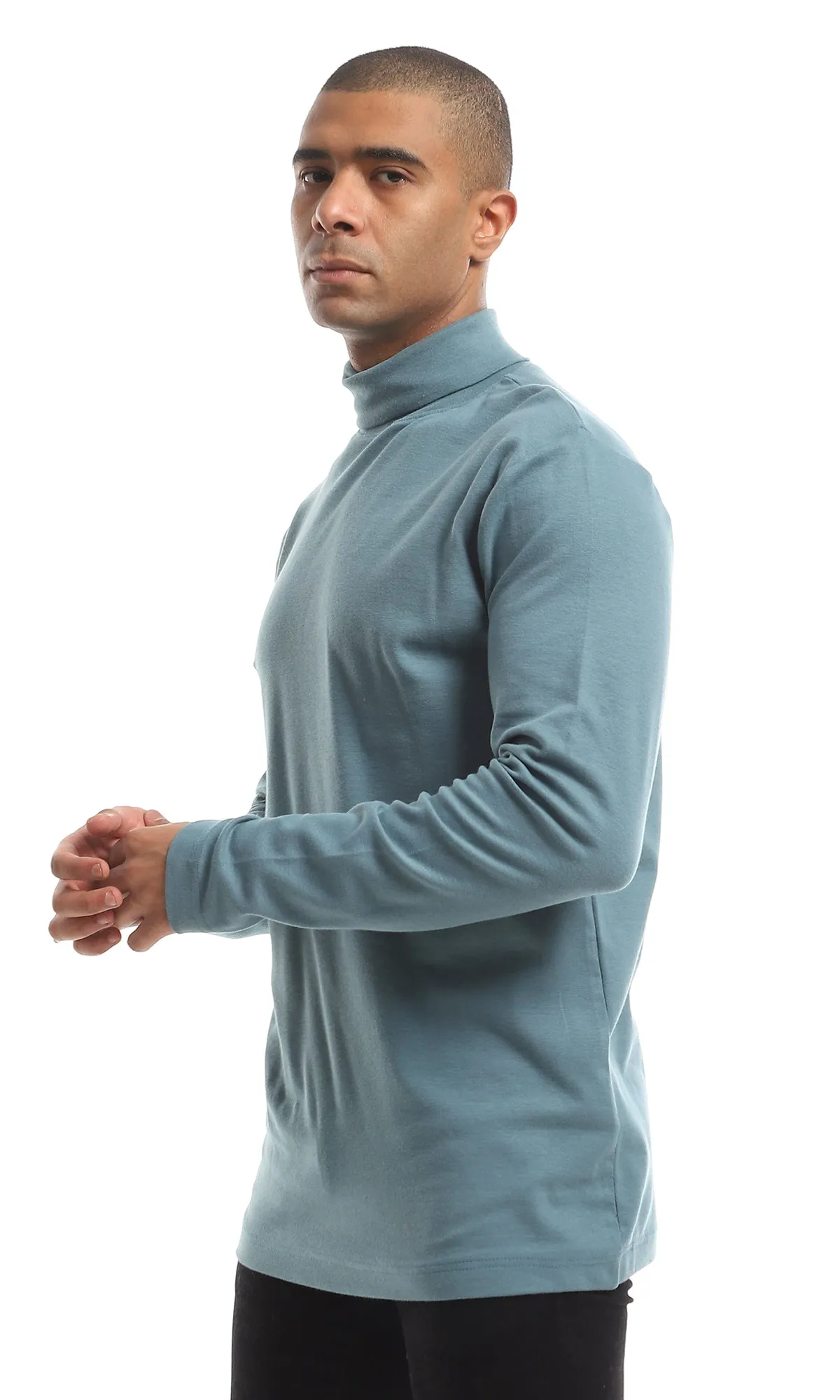 O159797 Basic Turtle Neck Long Sleeved Plain Cotton T-Shirt - Jade