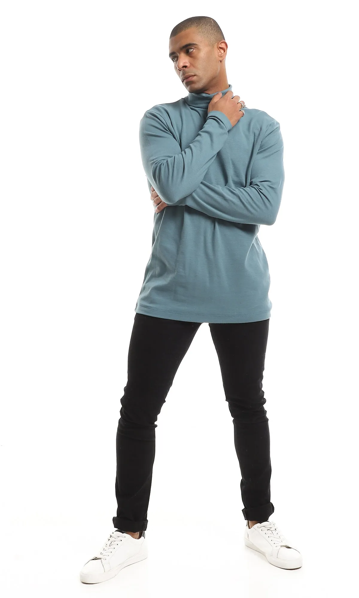 O159797 Basic Turtle Neck Long Sleeved Plain Cotton T-Shirt - Jade