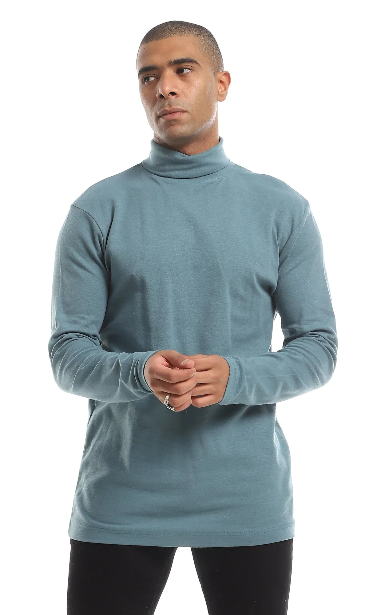 O159797 Basic Turtle Neck Long Sleeved Plain Cotton T-Shirt - Jade