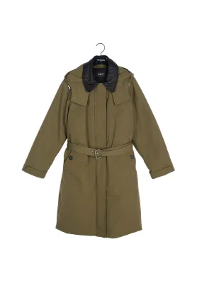 Parka kaki avec détails cuir et ceinture