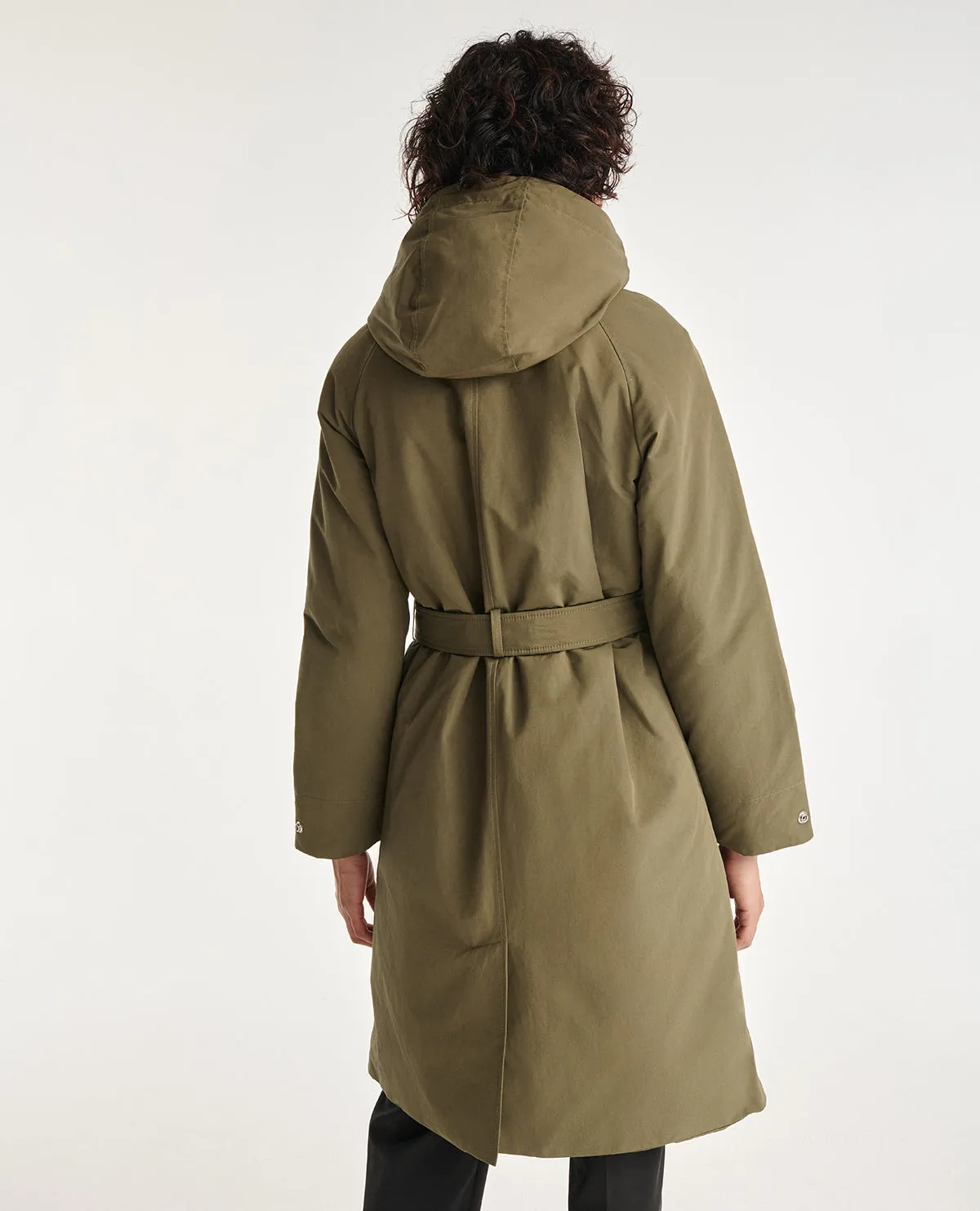 Parka kaki avec détails cuir et ceinture
