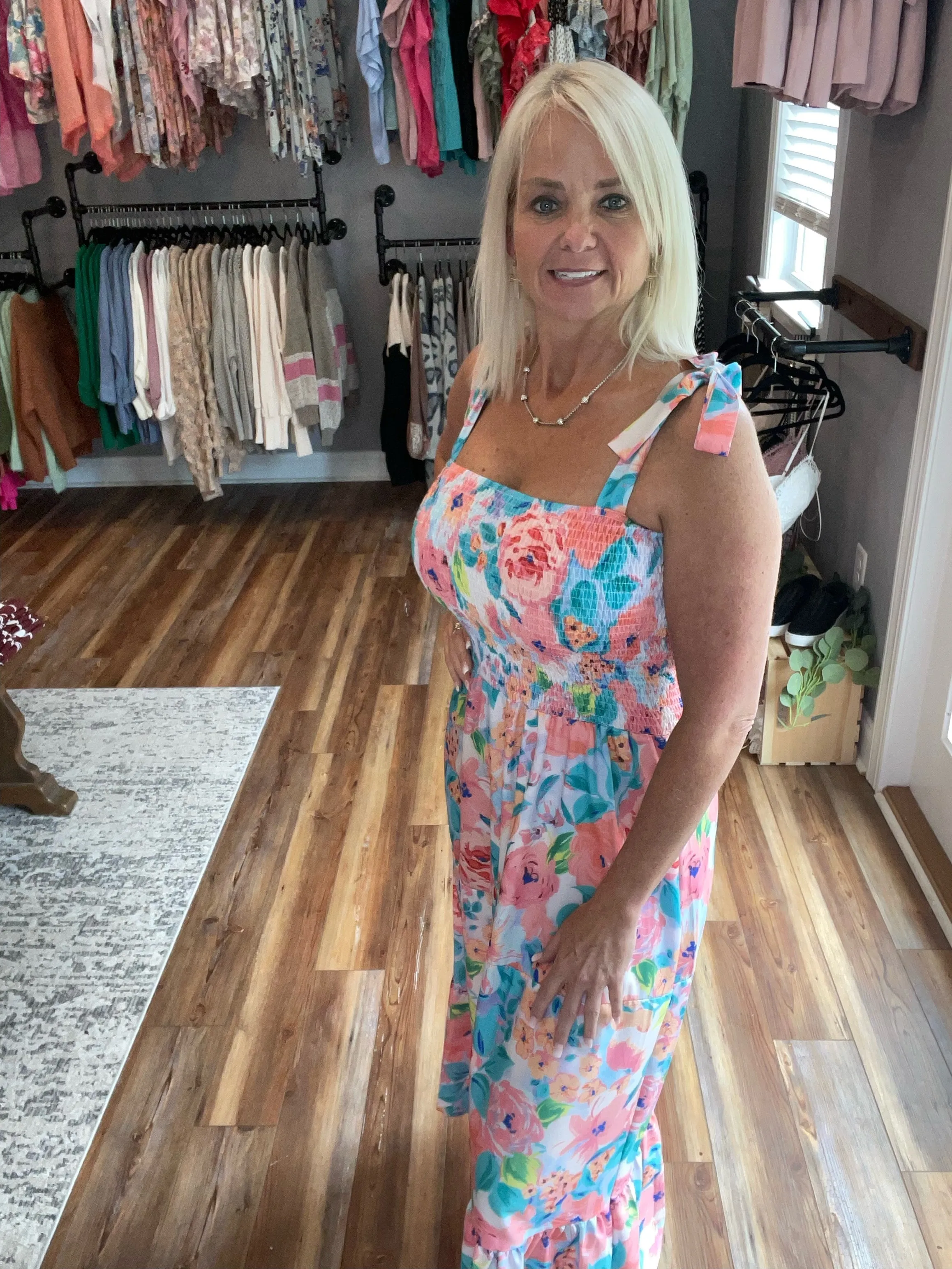 Pink Floral Print Smock Dress