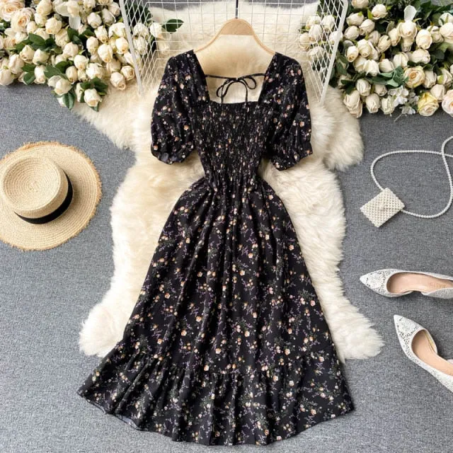 Puff Sleeve Midi Dress Bohemian Floral Print In 8 Different Colors You Choose Tiny Flowers Print Square Smocked Bust Ruffled Hem White Black Pink Blue Yellow Purple Green  Beige Red One Size