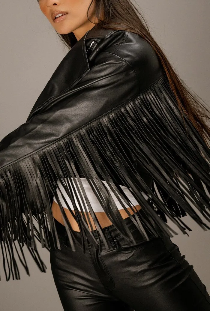 Quatro Vegan Leather Jacket with Long Fringe