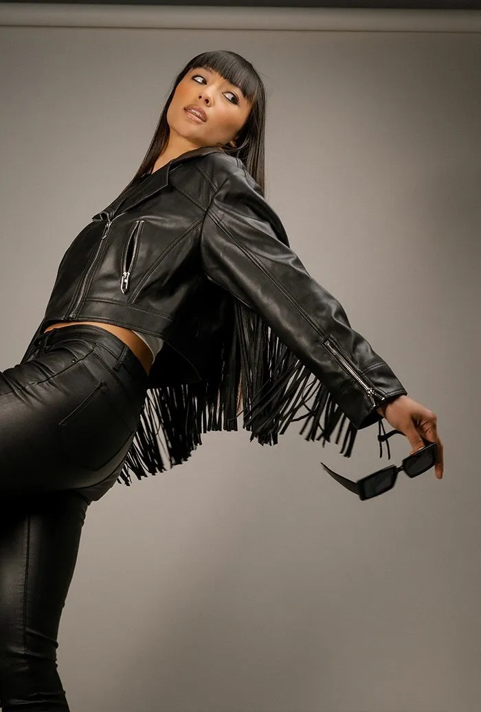 Quatro Vegan Leather Jacket with Long Fringe