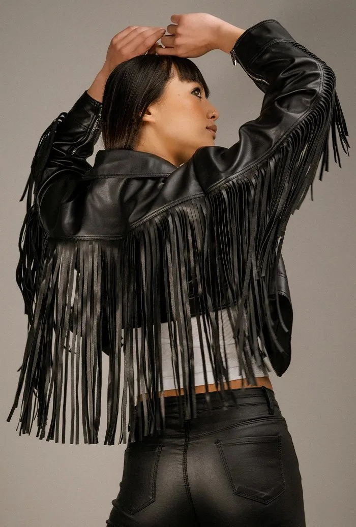 Quatro Vegan Leather Jacket with Long Fringe