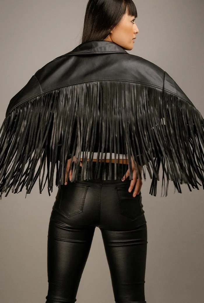 Quatro Vegan Leather Jacket with Long Fringe