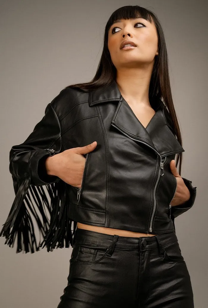 Quatro Vegan Leather Jacket with Long Fringe