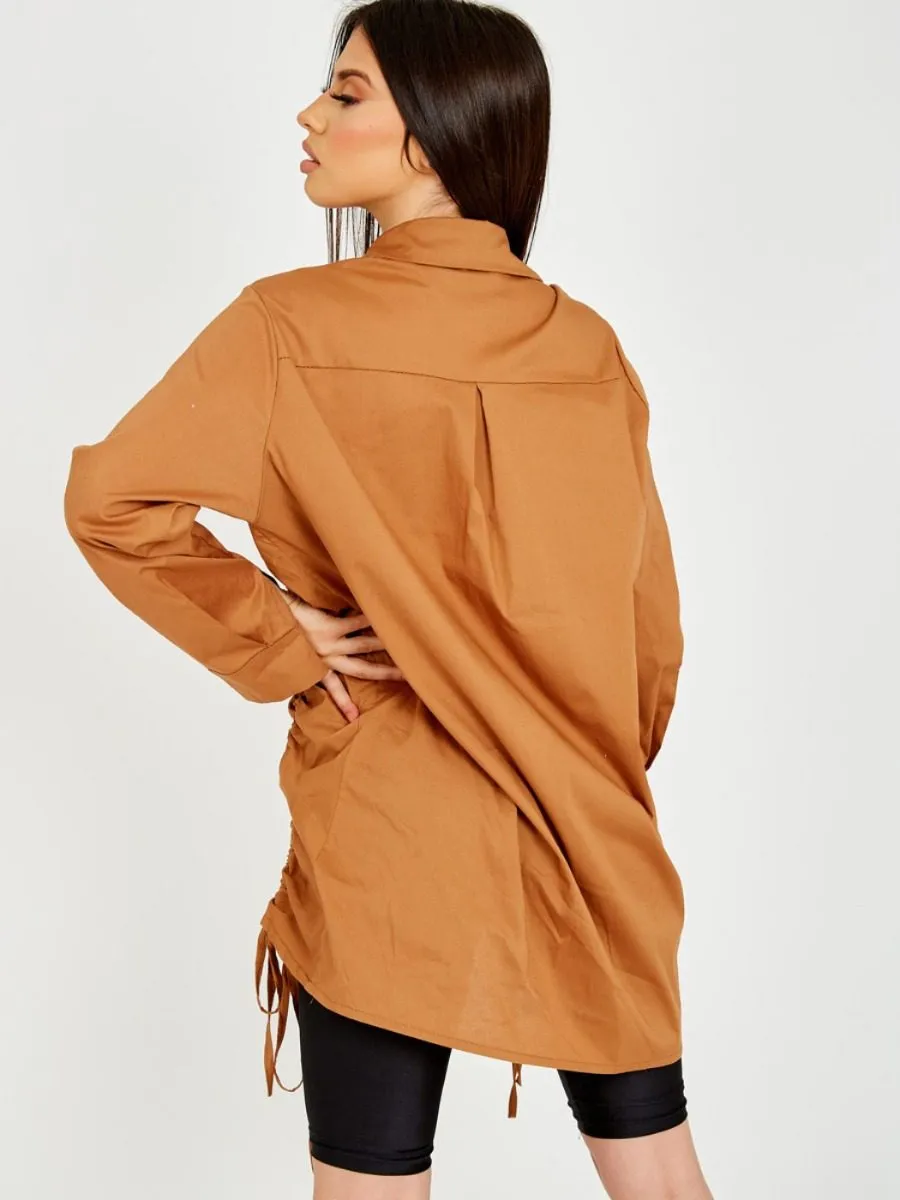 Rachelle Drawstring Ruched Buttoned Shirt Dress In Camel