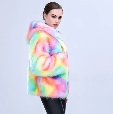 Rainbow Hooded Faux Fur Coat