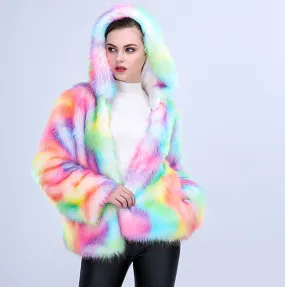Rainbow Hooded Faux Fur Coat
