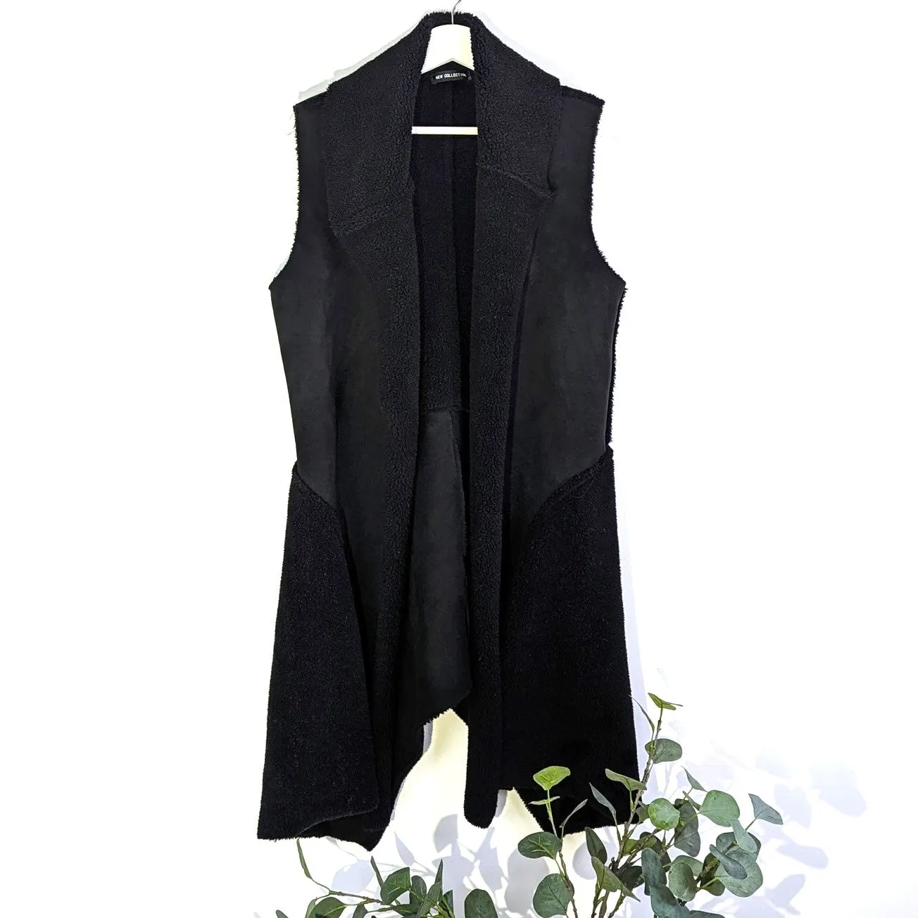 Sheepskin style mid-length gilet with waterfall lapel