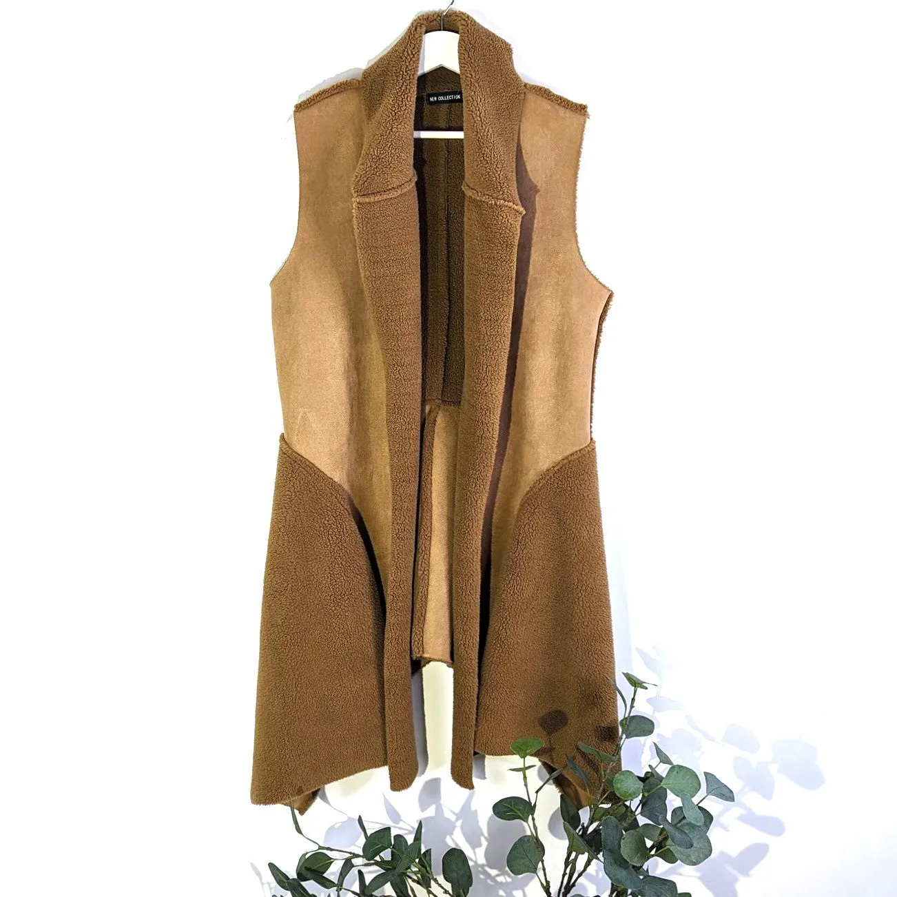 Sheepskin style mid-length gilet with waterfall lapel