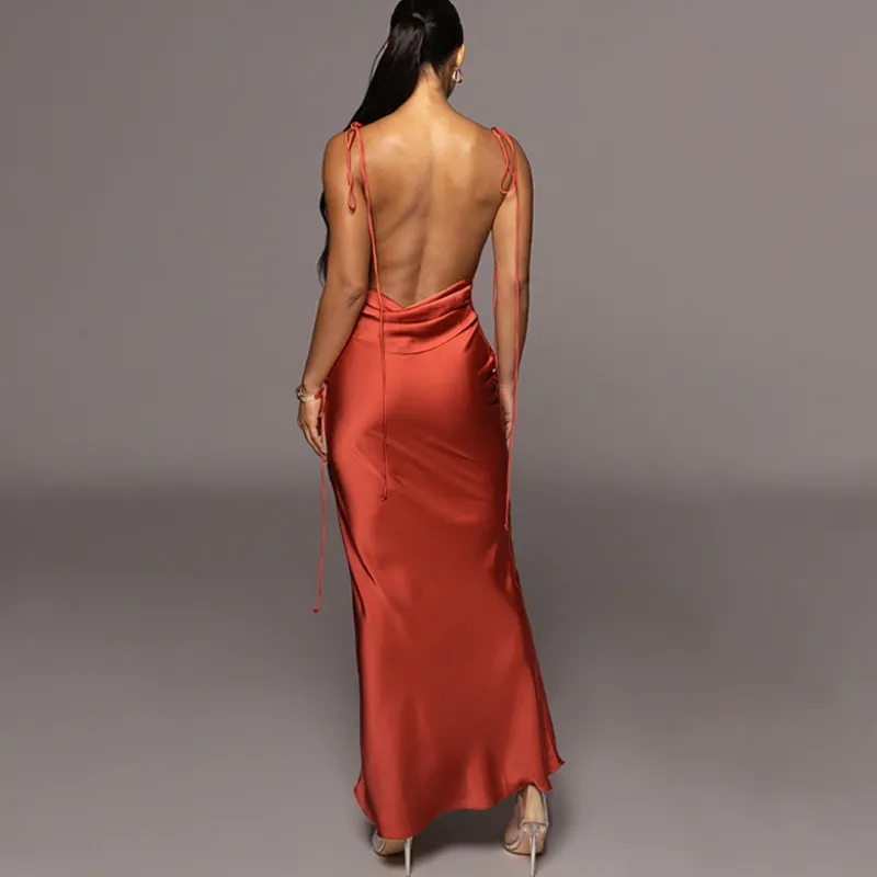 Slip Sheath Satin Ruched Maxi Dress