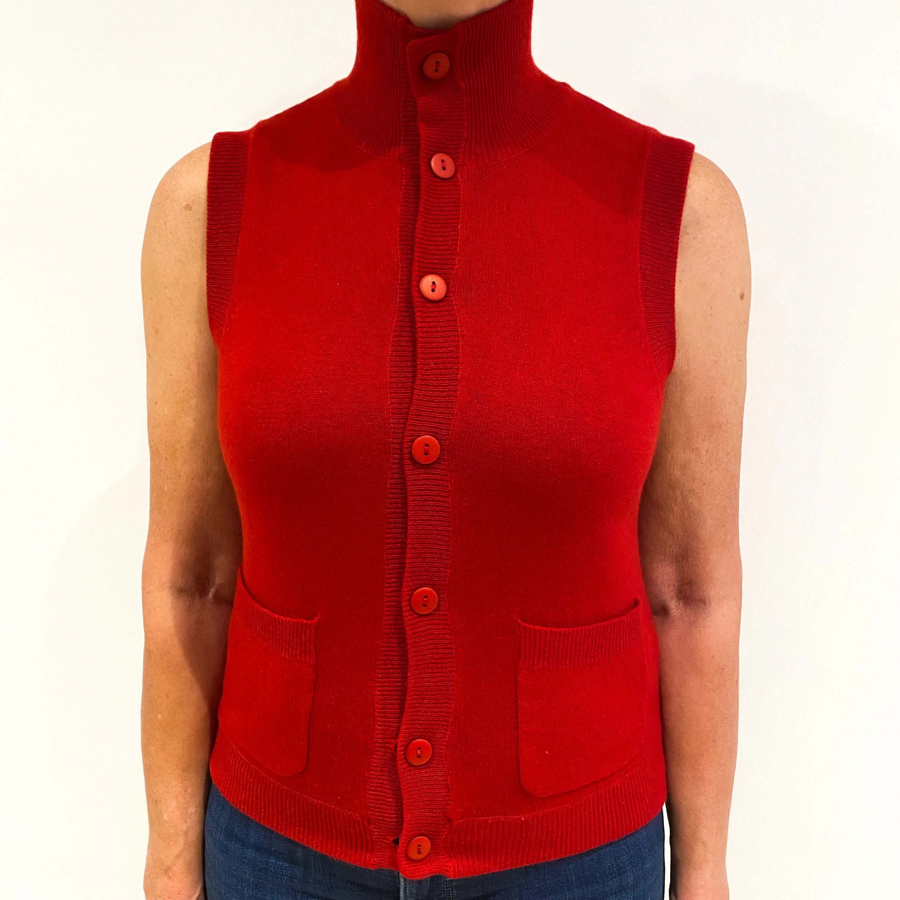 Smoked Grey Post Box Red 100% Cashmere Polo Neck Gilet Medium