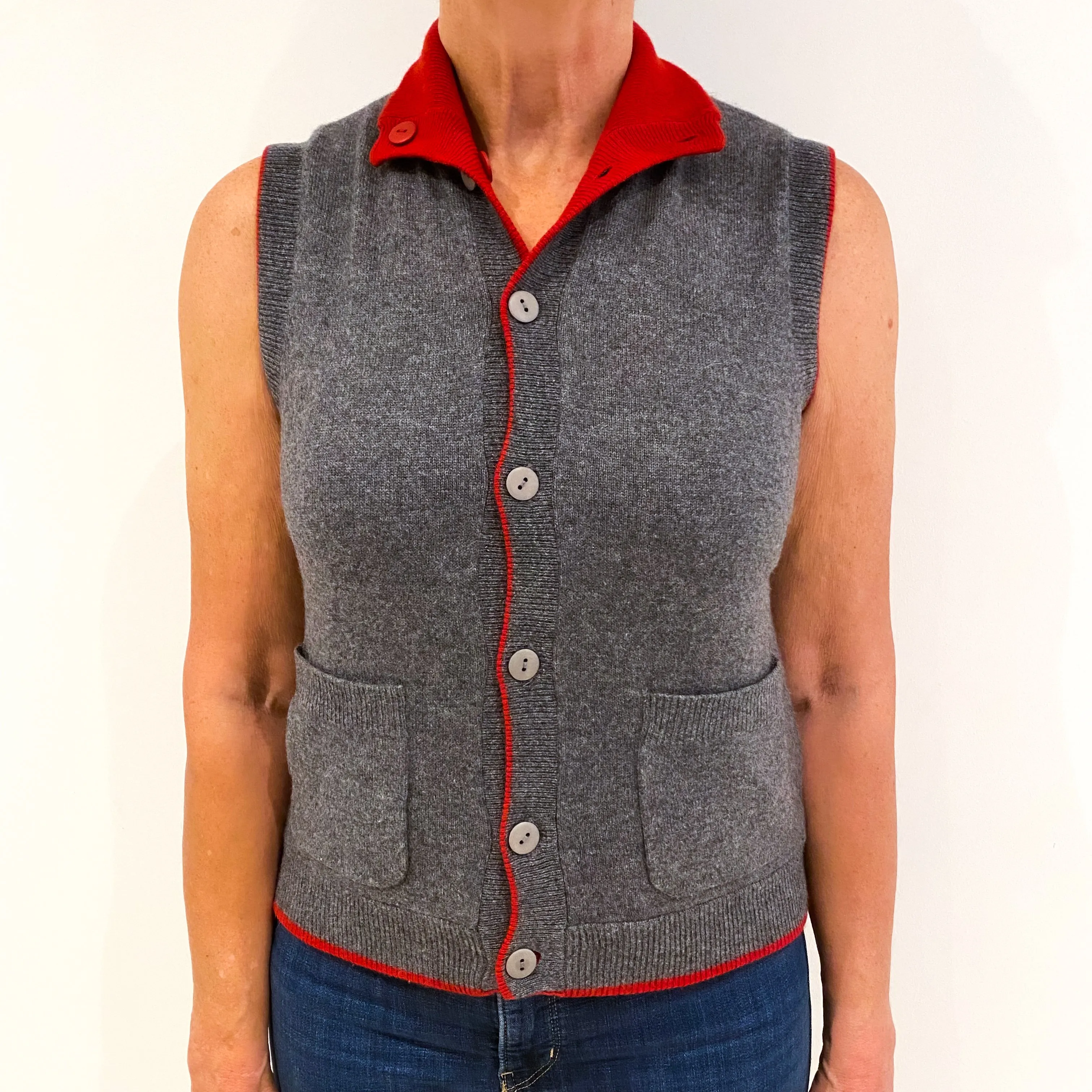 Smoked Grey Post Box Red 100% Cashmere Polo Neck Gilet Medium