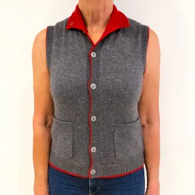 Smoked Grey Post Box Red 100% Cashmere Polo Neck Gilet Medium
