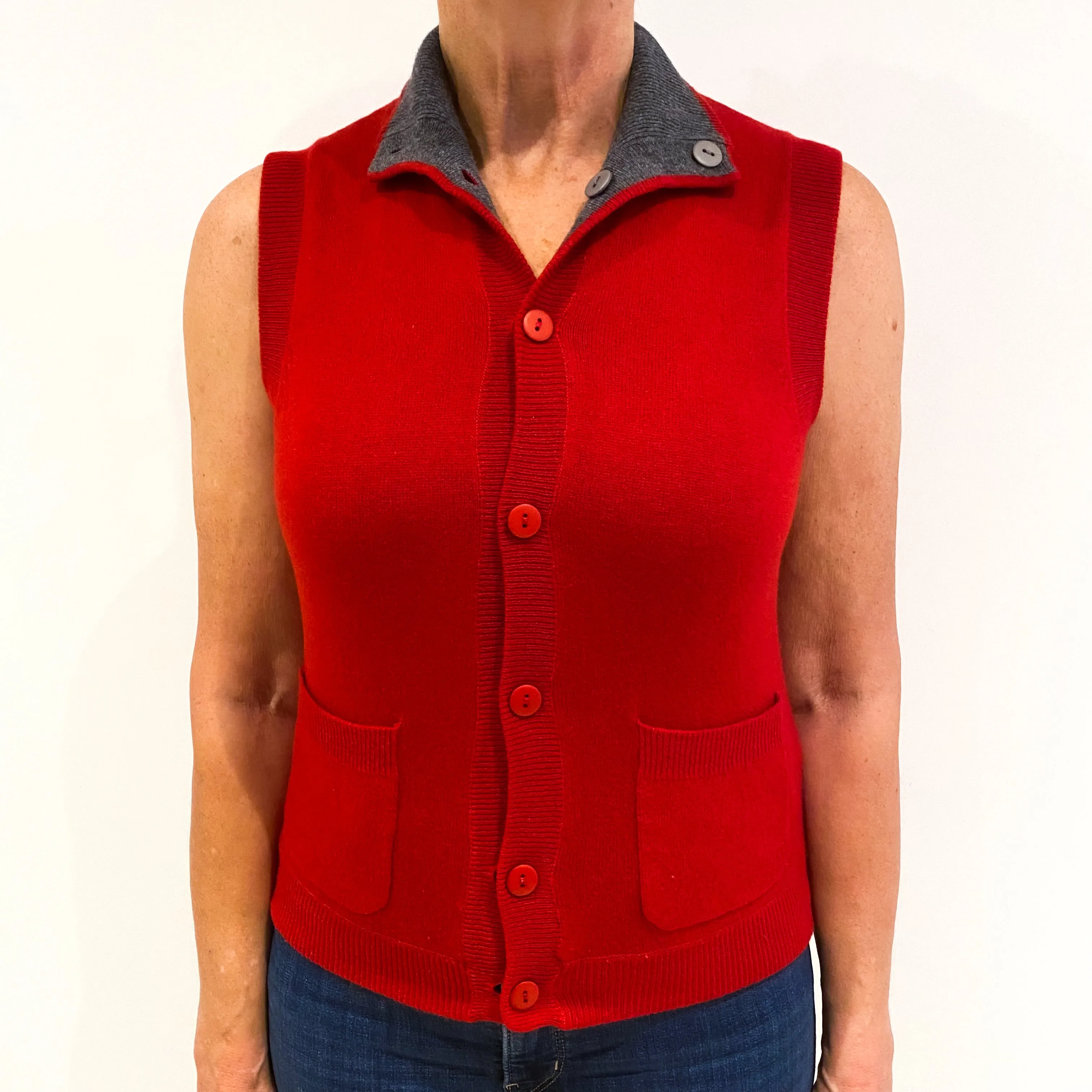 Smoked Grey Post Box Red 100% Cashmere Polo Neck Gilet Medium