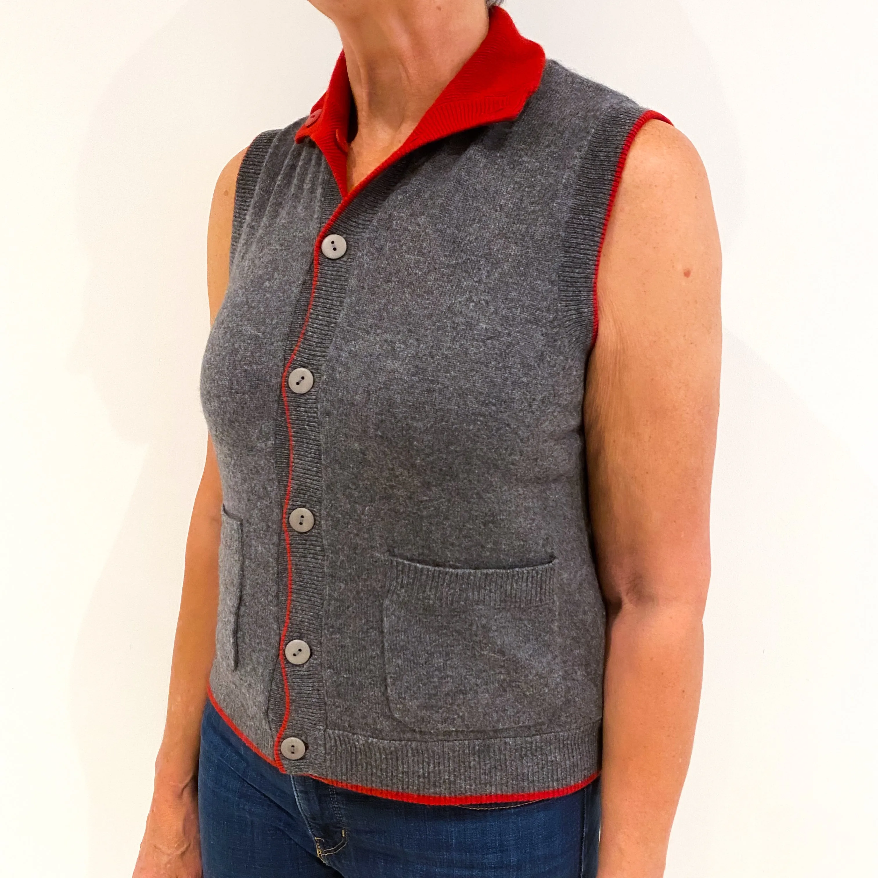 Smoked Grey Post Box Red 100% Cashmere Polo Neck Gilet Medium
