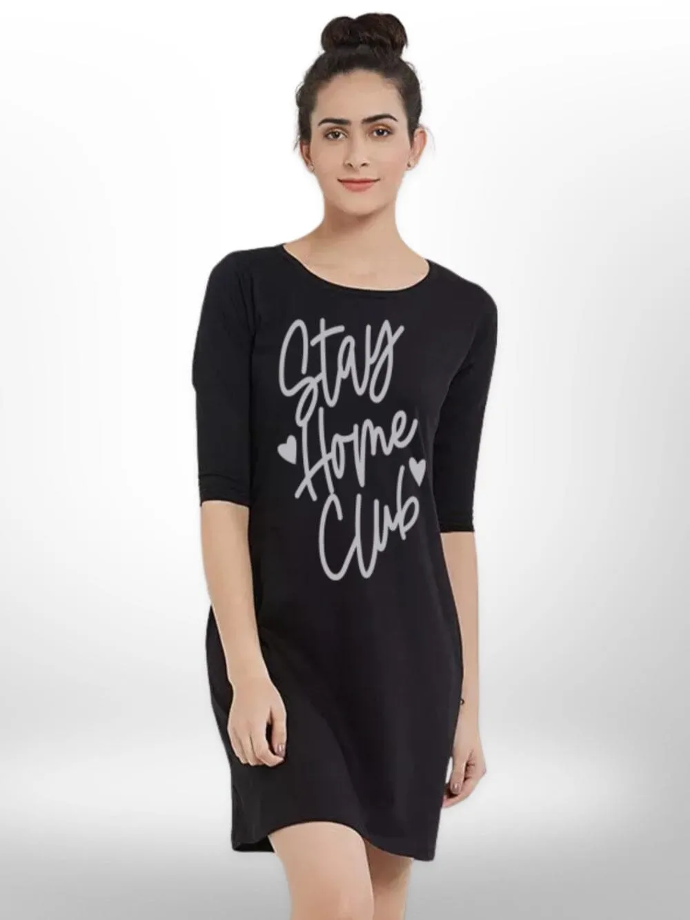 STAY HOME CLUB PRINTED THREE QUARTER SLEEVE T-SHIRT SIDE POCKET  FOR WOMEN'S