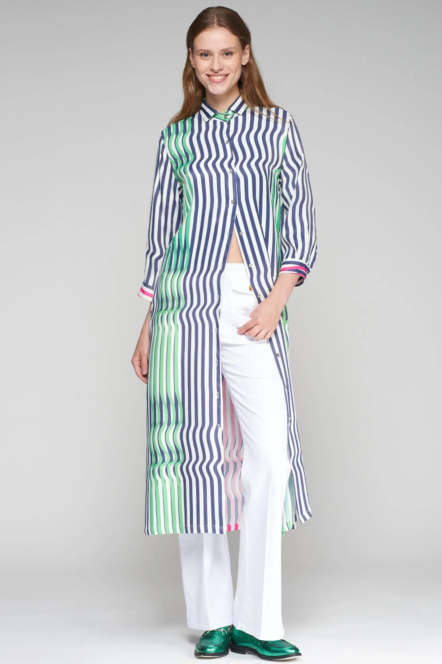 Vilagallo 32339 Navy Green Wave Shirt Dress