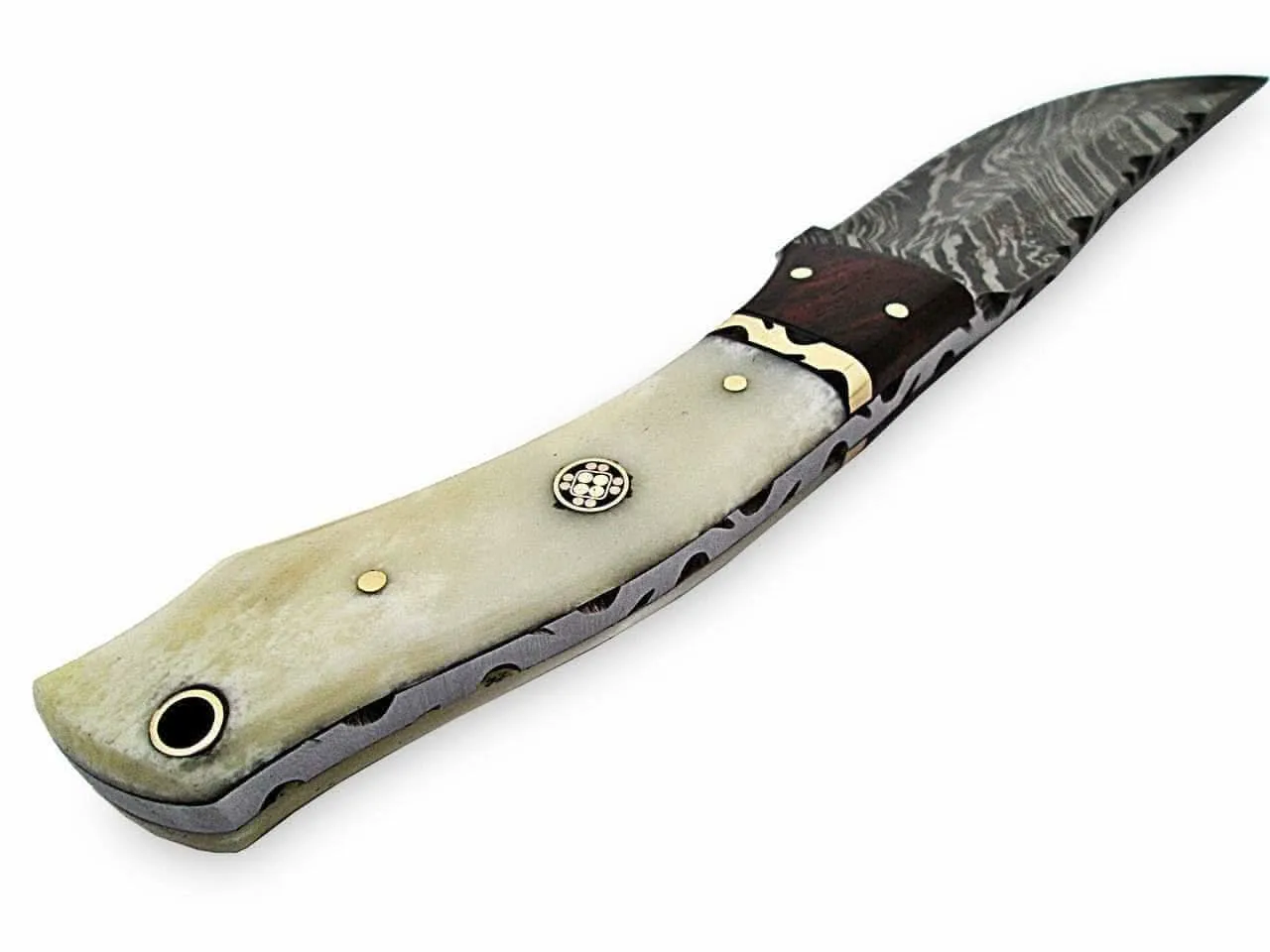 White Deer Executive Strait-Back Damascus Knife, 4.4" Blade, Bison Bone & Wood Handle, Sheath - WDM-2378