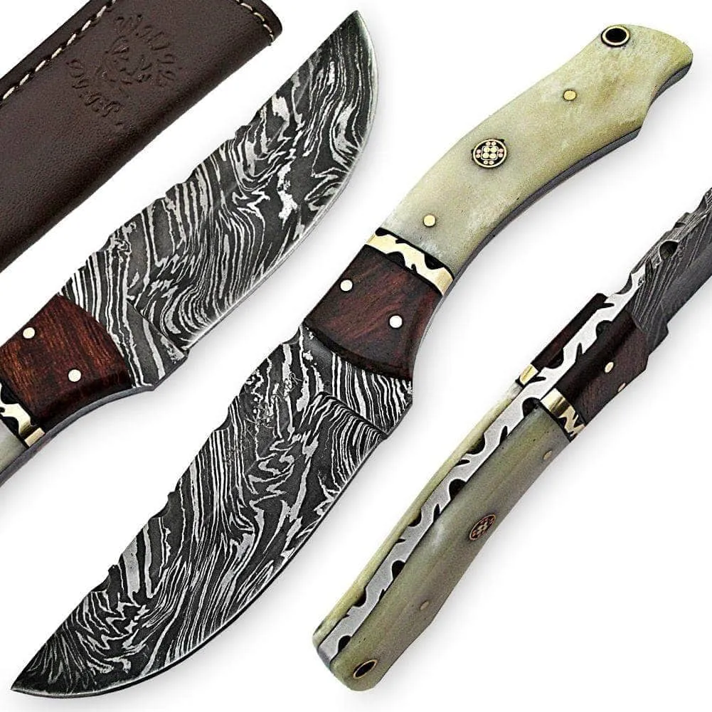 White Deer Executive Strait-Back Damascus Knife, 4.4" Blade, Bison Bone & Wood Handle, Sheath - WDM-2378