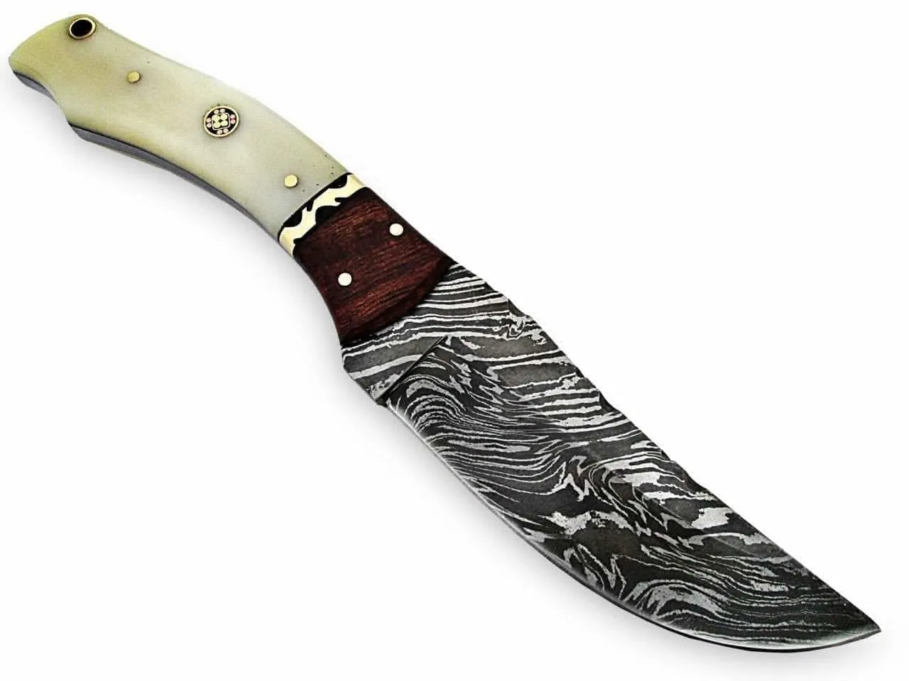 White Deer Executive Strait-Back Damascus Knife, 4.4" Blade, Bison Bone & Wood Handle, Sheath - WDM-2378