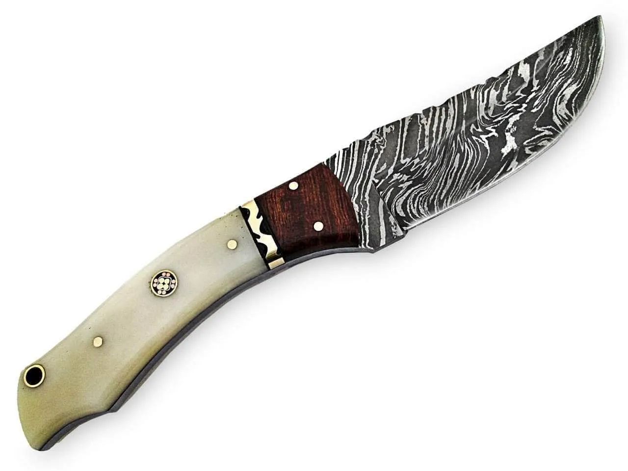 White Deer Executive Strait-Back Damascus Knife, 4.4" Blade, Bison Bone & Wood Handle, Sheath - WDM-2378