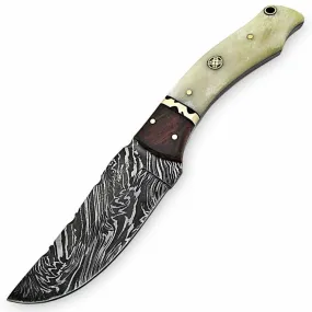 White Deer Executive Strait-Back Damascus Knife, 4.4" Blade, Bison Bone & Wood Handle, Sheath - WDM-2378