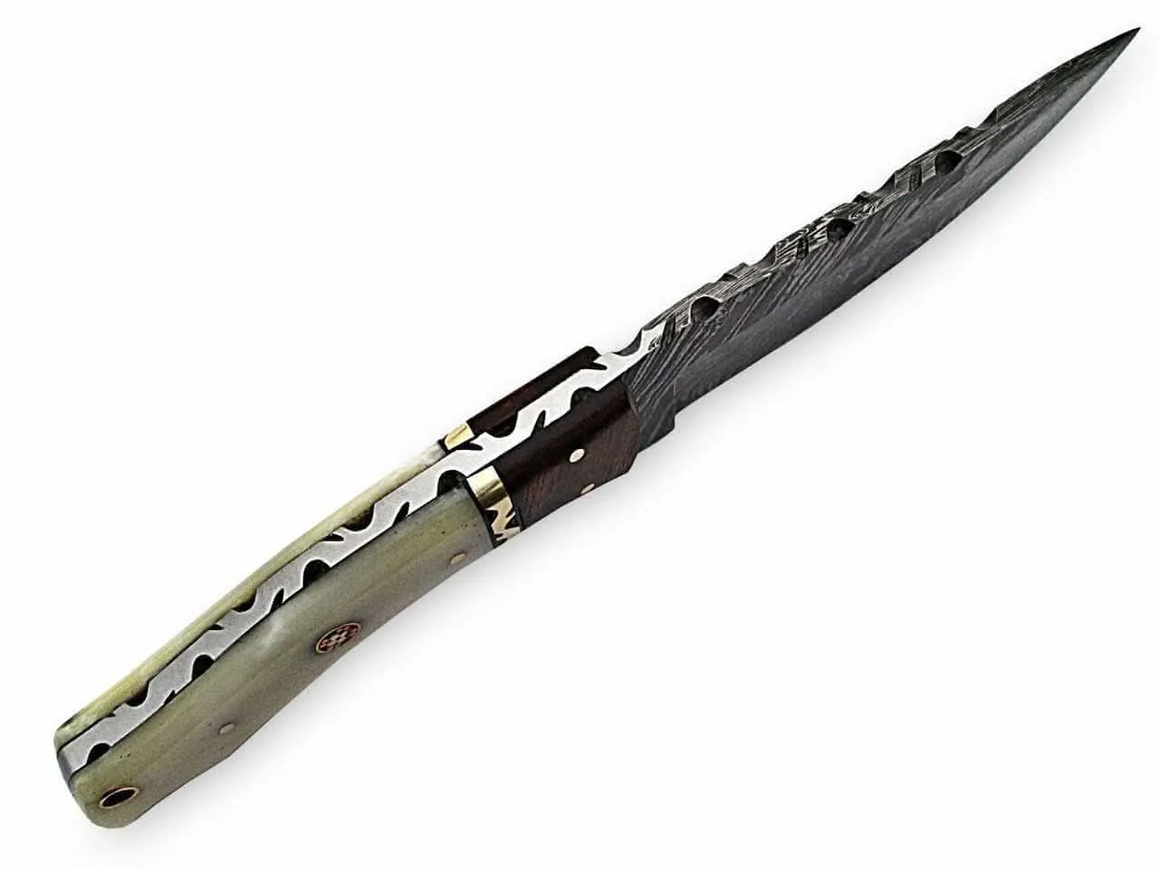 White Deer Executive Strait-Back Damascus Knife, 4.4" Blade, Bison Bone & Wood Handle, Sheath - WDM-2378