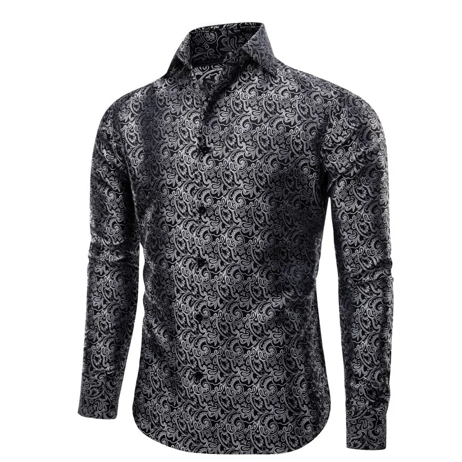 YourTies Long Sleeve Shirt Black Grey Floral Leaf Men's Button Shirt