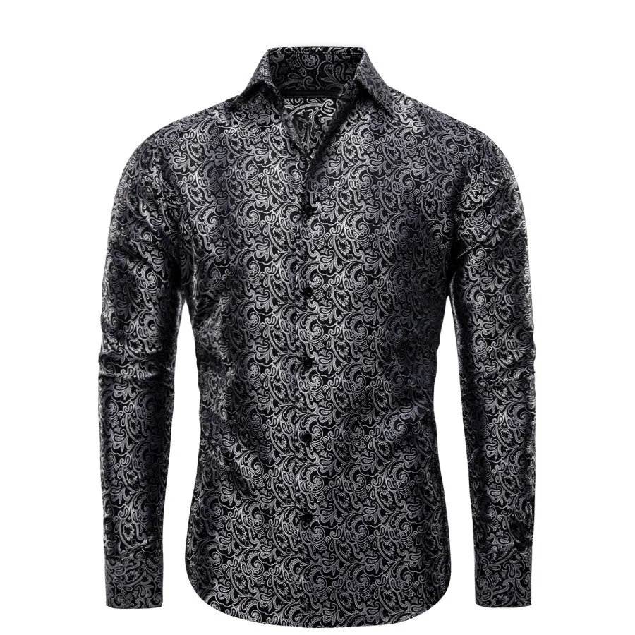 YourTies Long Sleeve Shirt Black Grey Floral Leaf Men's Button Shirt