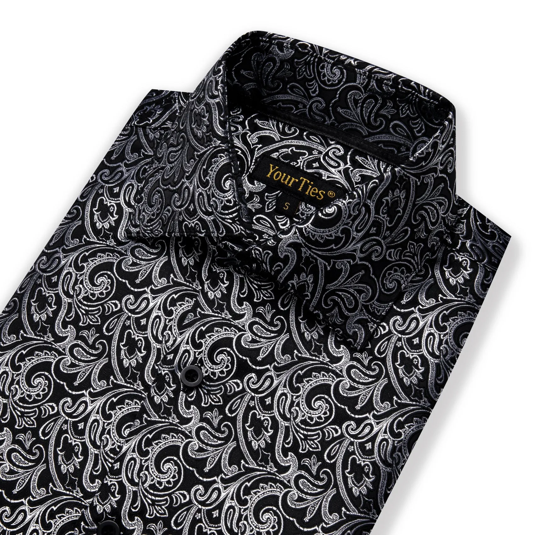 YourTies Long Sleeve Shirt Black Grey Floral Leaf Men's Button Shirt