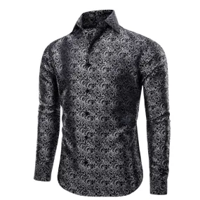 YourTies Long Sleeve Shirt Black Grey Floral Leaf Men's Button Shirt